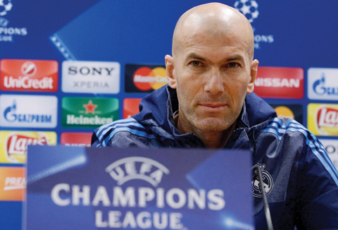 ROME: Real Madrid's French head coach Zinedine Zidane looks on during a press conference at the Olympic Stadium in Rome yesterday, on the eve of their UEFA Champions League round of sixteen first leg football match against AS Roma. – AFP