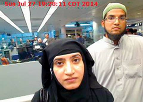 CHICAGO: This July 27, 2014, file photo provided by US Customs and Border Protection shows Tashfeen Malik (left) and Syed Farook, as they passed through O’Hare International Airport. — AP