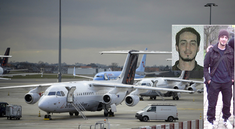 BRUSSELS: A picture shows planes outside Brussels Airport at Brussels Airport, in Zaventem, a day after triple bomb attacks at the Brussels airport and at a subway train station killed over 31 people and wounded more than 200. (Inset) undated handout photo released by the federal police shows a combination of two pictures of Najim Laachraoui. Police is looking for Laachraoui as part of the investigation into the Paris terrorist attacks. – AFP nn