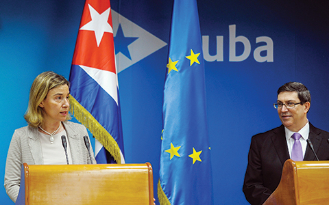 High Representative of the European Union for Foreign Affairs and Security Policy and Vice-President of the European Commission in the Juncker Commission, Federica Mogherini (L) and Cuban Minister of Foreign Affairs Bruno Rodriguez attend a press conference in Havana on March 11, 2016. The EU and Cuba signed a deal Friday to normalize relations, including a deal on the delicate issue of human rights -- a breakthrough just ahead of US President Barack Obama's historic visit to the island. EU and Cuban officials signed the agreement, the culmination of nearly two years of intense negotiations, during a visit to Havana by European foreign policy chief Federica Mogherini.      AFP PHOTO/YAMIL LAGE
