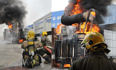 KUWAIT: Firefighters tackle a blaze at a main power transformer in Hawally yesterday.