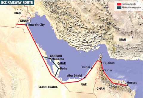 The proposed route of the GCC railway project