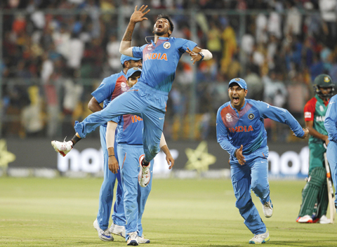 BANGALORE: India's Hardik Pandya jumps to celebrate India's win against Bangladesh in the ICC World Twenty20 2016 cricket match in Bangalore, India,