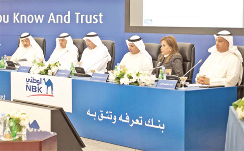 KUWAIT: Nasser Al-Sayer, NBK’s Chairman, Isam Al-Sager, NBK’s Group Chief Executive Officer, Shaikha Al-Bahar, NBK Deputy Group Chief Executive Officer and Salah Al-Fulaij, NBK-Kuwait Chief Executive Officer during the General Assembly Meeting.