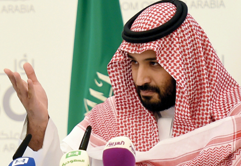 RIYADH: Saudi Defense Minister and Deputy Crown Prince Mohammed Bin Salman gestures during a press conference in Riyadh. — AFP