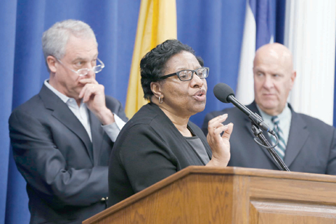 NEWARK: Valerie Wilson, center, school business administrator for the Newark Public Schools system, speaks at a news conference addressing recent finding of lead levels in Newark schools, in Newark, N.J. Standing with Wilson are Cristopher Cerf, left, Superintendent of Newark Public Schools, and Anthony Ambrose, acting director of public safety for Newark. —AP