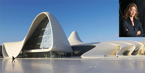 ‘Dreamlike space’: Zaha Hadid’s Heydar Alijev center in Baku, Azerbaijan, completed in 2012.—Alamy  ( Inset ) Zaha Hadid