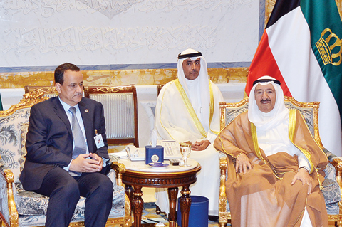KUWAIT: HH the Amir Sheikh Sabah Al-Ahmad Al-Sabah meets UN special envoy to Yemen Ismail Ould Cheikh Ahmed yesterday. — KUNA