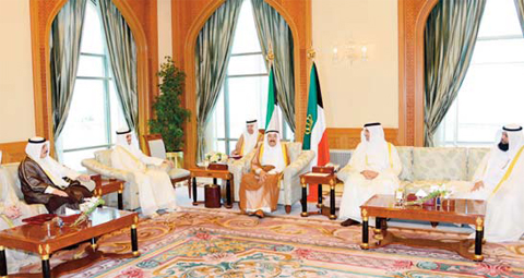 KUWAIT: HH the Amir Sheikh Sabah Al-Ahmad Al-Jaber Al-Sabah meets National Assembly Speaker Marzouq Al-Ghanem and MPs at Seif Palace yesterday. - KUNA 