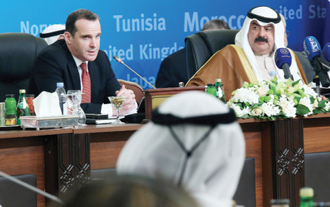 KUWAIT: US special presidential envoy for the global coalition to counter Islamic State (IS) Brett McGurk (left) speaks as Kuwaiti Foreign Ministry Undersecretary Khaled Al-Jarallah looks on during a meeting yesterday. - Photo by Yasser Al-Zayyat
