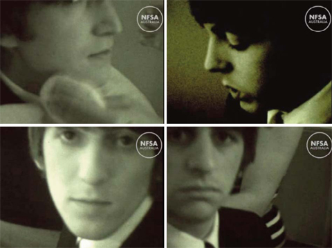 This combo of screen grabs taken from handout video released yesterday from the National Film and Sound Archive of Australia shows the four members of the Beatles (clockwise from top left), John Lennon, Paul McCartney, Ringo Starr and George Harrison, whilst back stage before an appearance in the British city of Manchester in 1965. — AFP photos