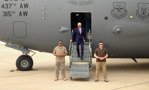 BAGHDAD: US Vice President Joe Biden steps off a C-17 military transport plane upon his arrival in Baghdad yesterday. — AP