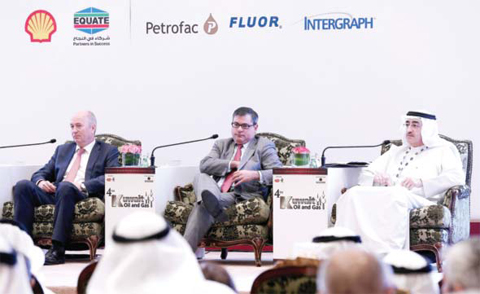 KUWAIT: (From left) Andrew Brown, Upstream Director of Shell; Jason Bordoff, Professor of professional practice in international and public affairs and Founding Director of the Centre on Global Energy Policy at Columbia University; and Jamal Jaafar, CEO of Kuwait Oil Company, attend the fourth Kuwait oil and gas conference yesterday. — Photo by Yasser Al-Zayyat