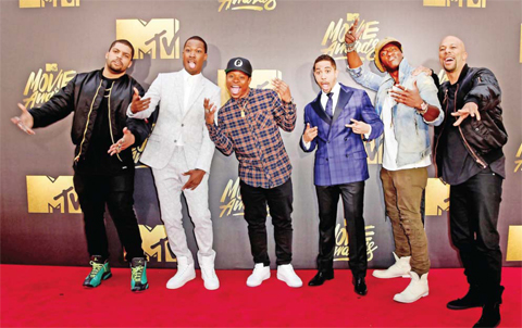 (From Left) Actors O’Shea Jackson Jr, Corey Hawkins, Jason Mitchell, Neil Brown Jr, Aldis Hodge, and Common attend the 2016 MTV Movie Awards.