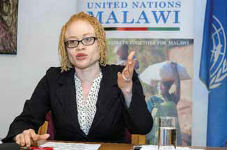 United Nations’ Independent Expert on the Enjoyment of human rights by persons with albinism Ikponwosa Ero addresses a press conference at the end of her official visit to Malawi yesterday. — AFP