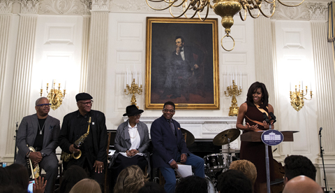 WASHINGTON: First lady Michelle Obama, joined by from left, Terence Blanchard, Bobby Watson, Dee Dee Bridgewater, and Herbie Hancock, speaks to high school students from across the Washington D.C. area in State Dining Room of the White House on Friday.— AP photos