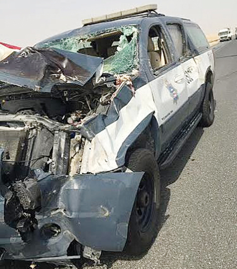KUWAIT: A patrol vehicle heavily damaged after colliding with a camel at Subbiya highway.