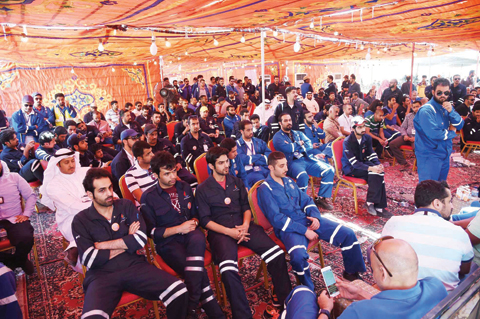 KUWAIT: Oil workers on strike attend a press conference organized by workers’ union in Ahmadi yesterday.