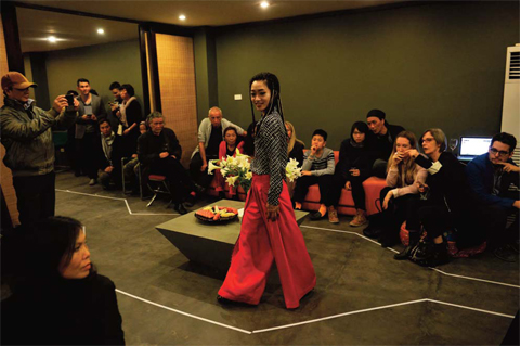 A model displaying a new creation by designer Thao Vu at her Kilomet 109 studio in Hanoi.