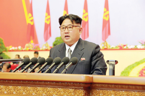 PYONGYANG: North Korean leader Kim Jong-Un reporting works of the North Korean Workers Party Central Committee during the third day of the 7th Workers Party Congress at the ‘April 25 Palace’ on Sunday.—AFP