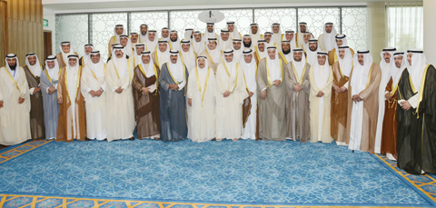 KUWAIT: His Highness the Amir Sheikh Sabah Al-Ahmad Al-Jaber Al-Sabah, His Highness the Crown Prince Sheikh Nawaf Al-Ahmad Al-Jaber Al-Sabah, members of the Cabinet and National Assembly are pictured in a group photo at the new parliament building which was inaugurated yesterday. —Amiri Diwan photos