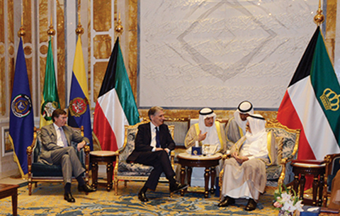 KUWAIT: His Highness the Amir Sheikh Sabah Al-Ahmad Al-Jaber Al-Sabah meets with British Secretary of State for Foreign and Commonwealth Affairs Philip Hammond, in presence of His Highness the Crown Prince Sheikh Nawaf Al-Ahmad Al-Jaber Al-Sabah.