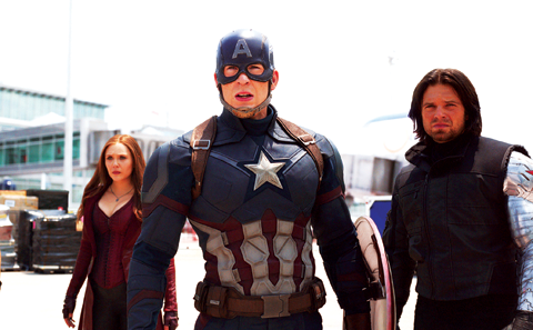 This image released by Disney shows Elizabeth Olsen, left, Chris Evans and Sebastian Stan in a scene from Marvel’s ‘Captain America: Civil War,’ opening in theaters nationwide on May 6, 2016. — AP