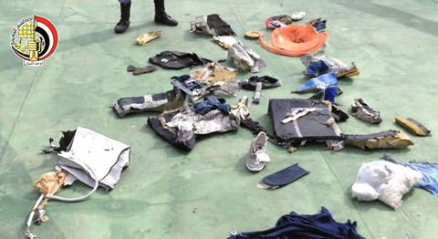An image grab taken from a video uploaded on the official Facebook page of the Egyptian military spokesperson yesterday shows some debris that the search teams found in the sea after an EgyptAir Airbus A320 crashed in the Mediterranean. — AFP