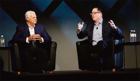 Chairman, president, and CEO of EMC Corporation Joe Tucci (left). Michael Dell, founder, chairman and CEO of Dell (Right), during EMC world Summit.