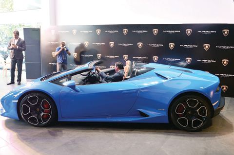 BANGALORE: The Lamborghini Huracan 610-4 Spyder is seen at a showroom during its launch in Bangalore. Lamborghini rolled out its new $580,000 supercar onto the streets of India this month, but local millionaires tempted to buy the flashy convertible could hit a bump in the road thanks to the taxman. — AFP