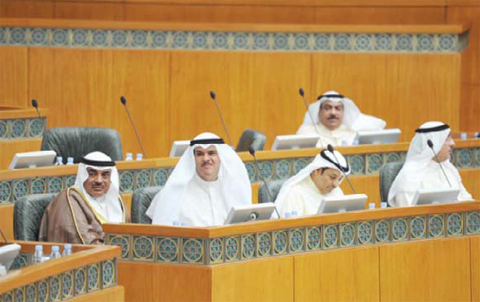 KUWAIT: (From left) Acting Prime Minister and Foreign Minister Sheikh Sabah Al- Khaled Al-Sabah, Information Minister Sheikh Salman Al-Humoud Al-Sabah, Justice Minister Yaqoub Al-Sane and Electricity and Water Minister Ahmad Al-Jassar attend a parliament session yesterday. — Photo by Yasser Al-Zayyat