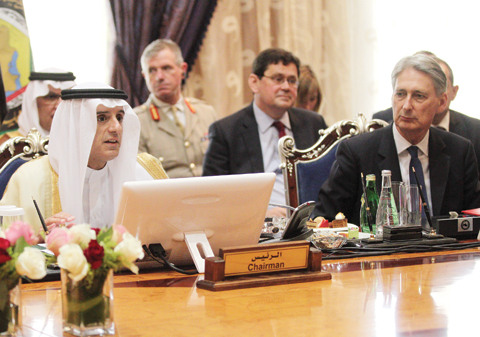 JEDDAH: British Foreign Secretary Phillip Hammond (right) looks at his Saudi counterpart Adel Al-Jubair during a meeting of the Gulf Cooperation Council in this coastal city yesterday. — AFP