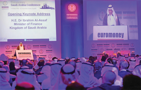 RIYADH: Saudi Minister of Finance Ibrahim Al-Assaf addresses the audience during the Euromoney Saudi Arabia conference in the capital Riyadh yesterday. The two-day conference focuses on Saudi Arabia’s economy and the so called economic plan “Vision 2030”. — AFP
