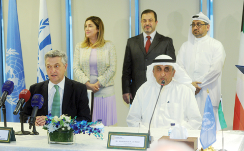KUWAIT: UNHCR chief Filippo Grandi (left) and KFAED Director General Abdelwahad Al-Bader attend a press conference to announce signing a memorandum of understanding between the two sides. — KUNA