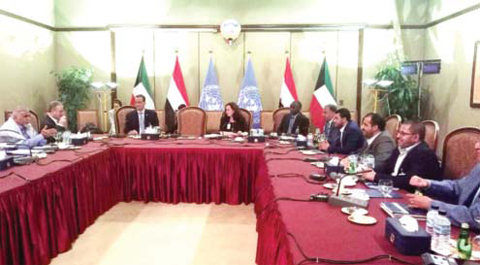 KUWAIT: UN special envoy Ismail Ould Cheikh Ahmed (center left) is seen at a meeting of a joint Yemeni working group yesterday. — KUNA