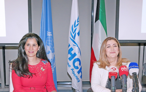 KUWAIT: (From left) Sheikha Intisar Salem Al- Ali Al-Sabah, Chairperson of Al-Noweir Initiative and Dr Hanan Hamdan, Head of the United Nations High Commissioner for Refugees Office in Kuwait attend the press conference. — Photo by Yasser Al-Zayyat