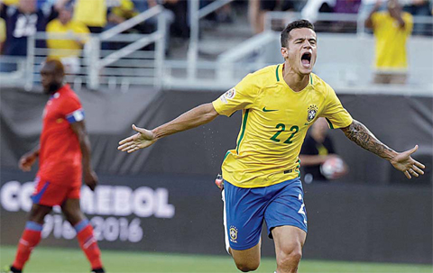 ORLANDO: Brazil’s Philippe Coutinho (22) celebrates after scoring a goal against Haiti during the first half of a Copa America group B soccer match Wednesday, June 8, 2016. —AP