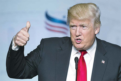 WASHINGTON: In this June 10, 2016 file photo, Republican presidential candidate Donald Trump gives a thumbs-up while addressing the Faith and Freedom Coalition’s Road to Majority Conference. —AP