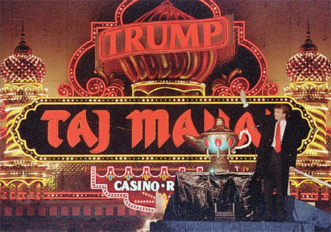 ATLANTIC CITY, New Jersey: In this April 5, 1990 file photo, Donald Trump stands next to a genie’s lamp as the lights of his Trump Taj Mahal Casino Resort light up during ceremonies to mark its opening. —AP