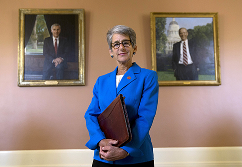 ADVANCE FOR USE MONDAY, JULY 25, 2016 AND THEREAFTER-California state Sen. Hannah-Beth Jackson, D-Santa Barbara, poses in front of portraits of two former California governors, Republicans George Deukmejian, left and Pete Wilson, at the Capitol in Sacramento, Calif., on Wednesday, June 29, 2016. Jackson had long been active in her community beyond her work as a lawyer and former prosecutor, but it took the encouragement of one of her mentors to convince her to run for state Assembly in 1998. “Women tend to ask permission, and we’re never quite sure we are good enough or ready enough,” she said. “Men generally don’t have those same concerns.” (AP Photo/Rich Pedroncelli)