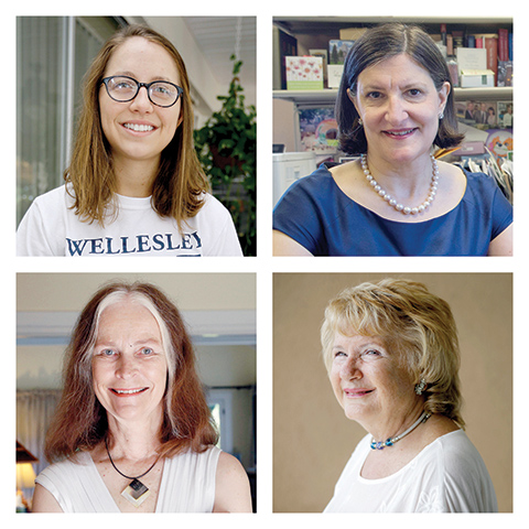 This combination of June 2015 photos shows, top row from left, Emily DiVito in St. Petersburg, Fla., and Dr. Sarah Schlesinger in New York; at bottom row from left are Cheryl Walker in Los Angeles and Cheryl Brierton in San Diego. All four are graduates of Wellesley College, also the alma mater of Hillary Clinton. (AP Photo)