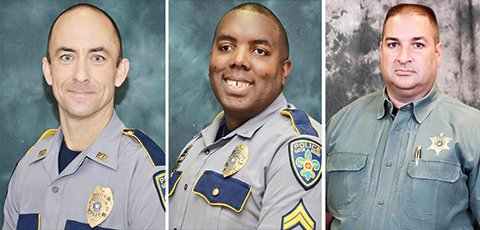 (COMBO)This three image combination photo shows L-R: Baton Rouge police officers Matthew Gerald and Montrell Jackson and Baton Rouge Parish Deputy Brad Garafalo. A black veteran shot three police officers dead July 17, 2016 in the Louisiana capital of Baton Rouge, in a bloody act reminiscent of recent slayings in Dallas to avenge African Americans killed by law enforcement. The shooting, which also wounded three other officers, took place in a city scarred by racial tensions and protests against police brutality since the July 5 death of Alton Sterling, a black man shot at point-blank range by white police. Louisiana State Police Superintendent Colonel Mike Edmonson told reporters the gunman behind the shooting -- widely identified by US media as Gavin Long, 29 -- was killed and there are no suspects at large. The motive was not immediately clear.n / AFP / Baton Rouge Parish Sheriff's Office / Baton Rouge Police Department / Handout