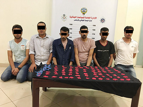KUWAIT: This photo released by the Interior Ministry yesterday shows six men arrested yesterdaynfor trading in Tramadol