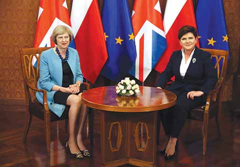 Polish Prime Minister Beata Szydlo (R) and British Prime Minister Theresa May (L) pose for a picture during a meeting in Warsaw on July 28, 2016.  / AFP PHOTO / PAP / TOMASZ GZELL