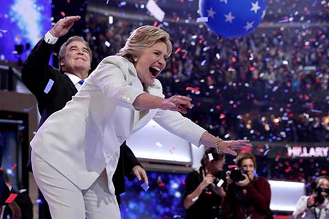 PHILADELPHIA, PA - JULY 28: Democratic presidential candidate Hillary Clinton acknowledges the crowd at the end on the fourth day of the Democratic National Convention at the Wells Fargo Center, July 28, 2016 in Philadelphia, Pennsylvania. Democratic presidential candidate Hillary Clinton received the number of votes needed to secure the party's nomination. An estimated 50,000 people are expected in Philadelphia, including hundreds of protesters and members of the media. The four-day Democratic National Convention kicked off July 25.   Chip Somodevilla/Getty Images/AFPn== FOR NEWSPAPERS, INTERNET, TELCOS &amp; TELEVISION USE ONLY ==