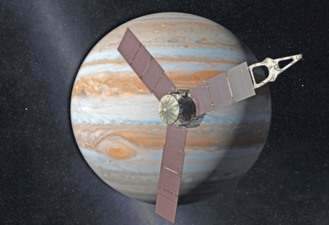FILE PHOTO: This artist’s rendering provided by NASA and JPL-Caltech shows the Juno spacecraft above the planet Jupiter. — AP