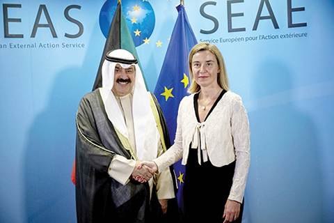 BRUSSELS: EU High Representative Federica Mogherini meets with Kuwaiti Deputy Foreign Minister Khaled Al-Jarallah. —KUNA