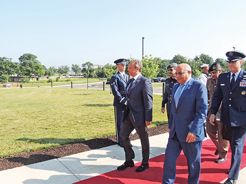 Deputy Prime Minister and Minister of Defense Sheikh Khaled Al-Jarrah Al-Sabah arrives for a meeting of the defense ministersnof the anti-IS coalition states held Wednesday in Andrews Airbase in the US state of Maryland. — KUNA