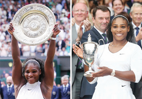 WIMBLEDON: A combination of pictures created on Saturday shows US player Serena Williams (L) posing with the winner’s trophy, the Venus Rosewater Dish, after her women’s singles final victory and US player Serena Williams (R) posing with the women’s doubles trophy after winning the final with her partner US player Venus Williams on the thirteenth day of the 2016 Wimbledon Championships at The All England Lawn Tennis Club in Wimbledon, southwest London, on Saturday. — AFP