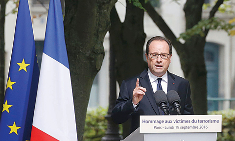 PARIS: French President Francois Hollande delivers a speech during a France’s national tribute to victims of terrorism at the Hotel des Invalides in Paris yesterday.—AFP